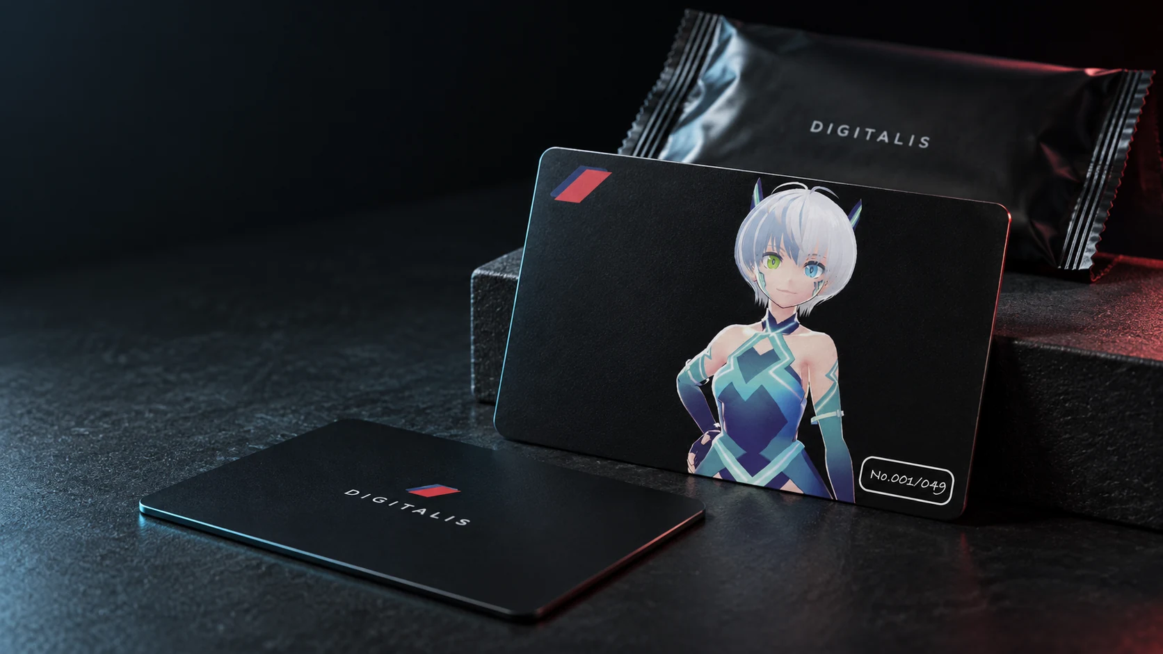 DIGITALISの動画封印トレカと黒いパッケージの商品化イメージ